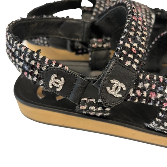 Chanel Sequin Tweed Crystal CC Dad Sandals - Picture 10 of 14